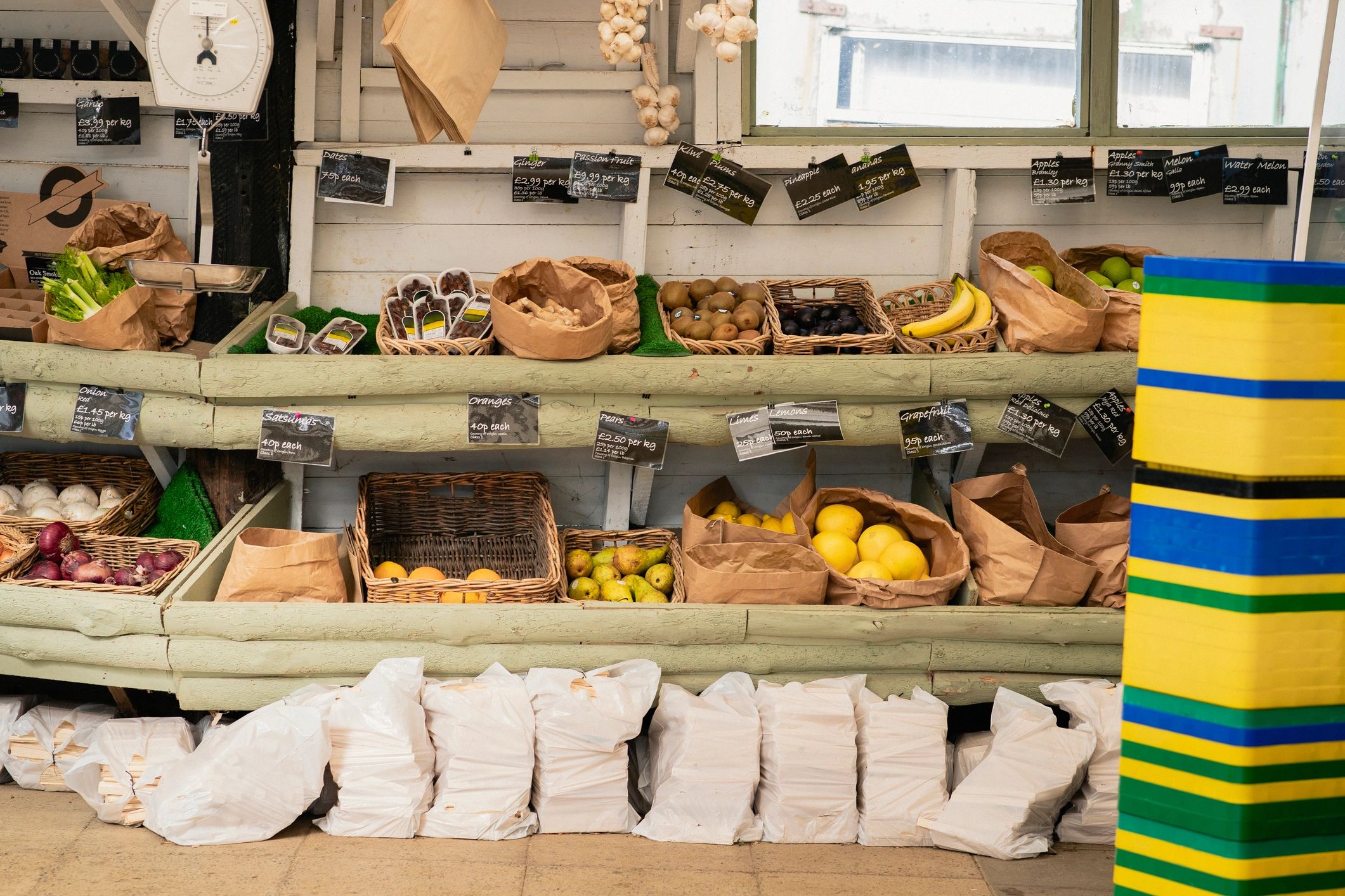 Variety of fruit in baskets at farm market